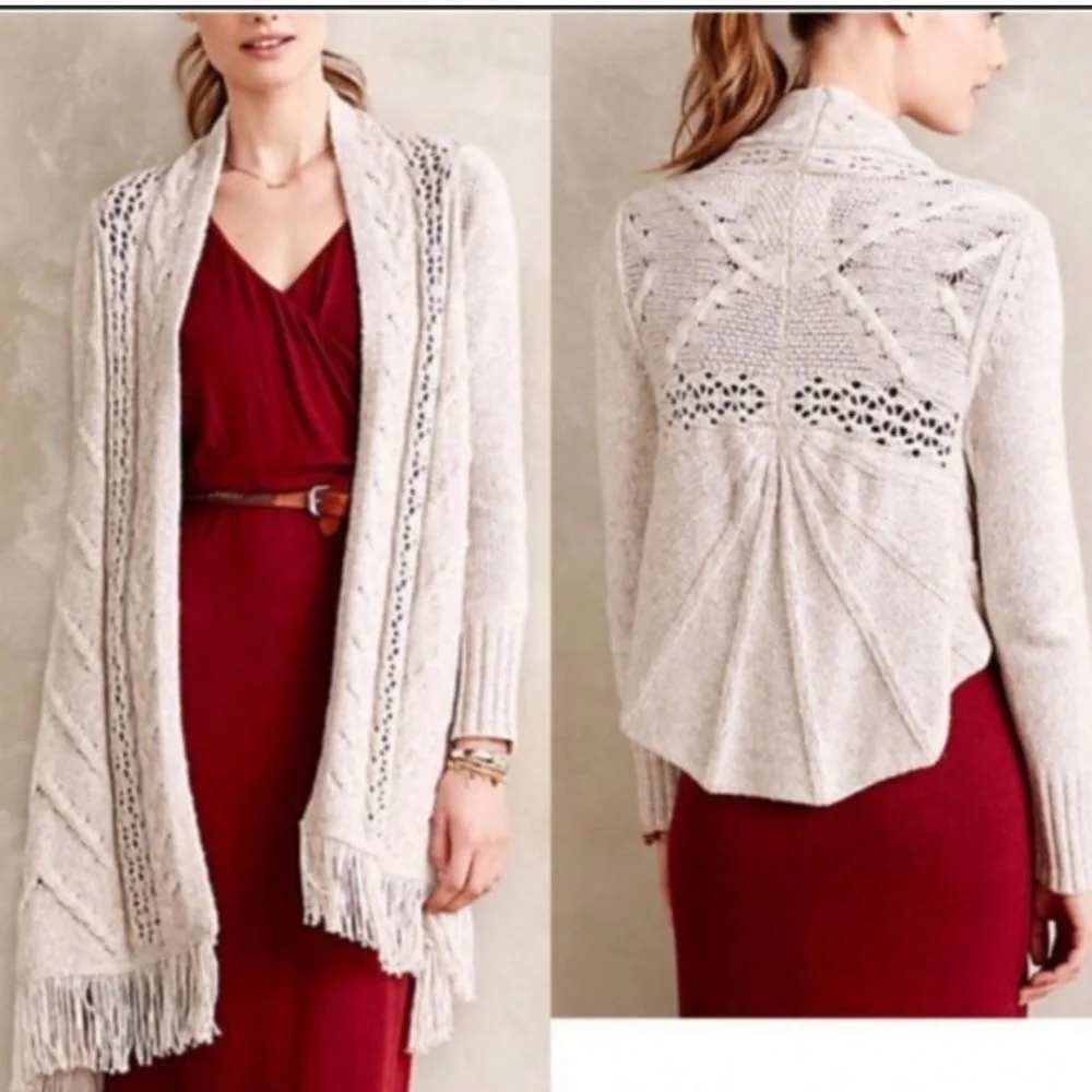 Anthropologie Thistle & Lavender Oatmeal Wool Blend Fringe Open Front Cardigan M